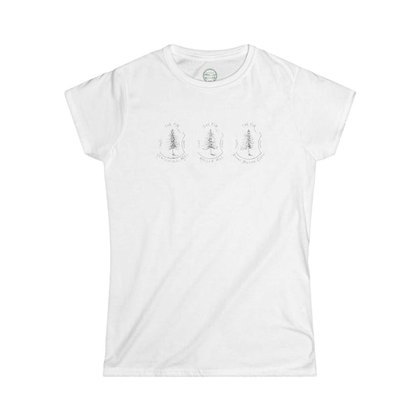 white womens tshirt with vintage graphic logo of fire tree company brand with three fir trees