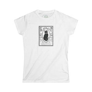 white womens tshirt with vintage graphic logo of black cat playing cards company with black cat