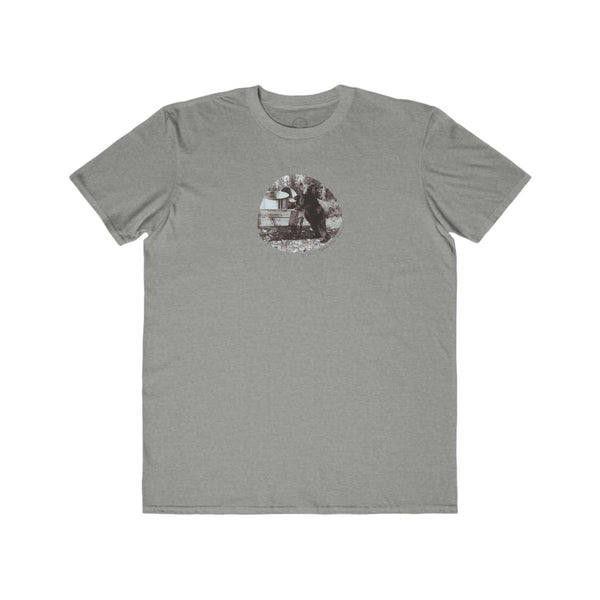 heather grey mens tshirt with vintage photo print of a bear on back legs and the text do not feed the bears