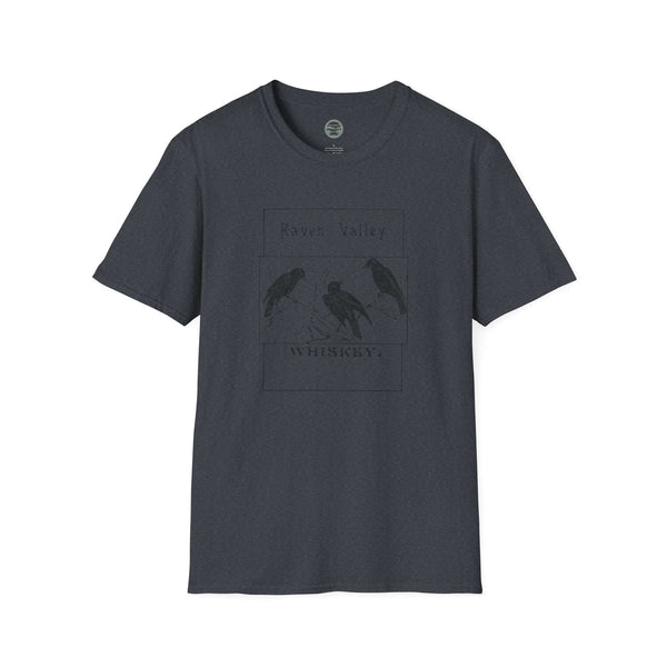 heather navy mens tshirt with vintage logo print of ravens whiskey brand