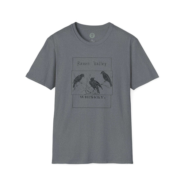 heather gaphite mens tshirt with vintage logo print of ravens whiskey brand