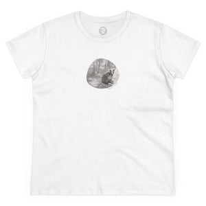 white womens tshirt with vintage photo print of a bear and the text bearly awake