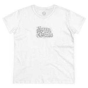 white womens tshirt with vintage graphic that reads Merry Christmas