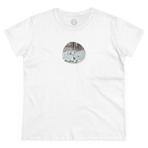 white womens tshirt with vintage photo of chickens and the text the plot chickens