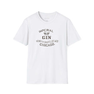 white mens tshirt with graphic vintage logo imperial gin brand