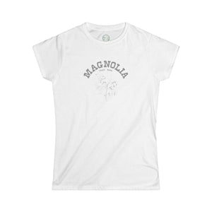 white womens tshirt with vintage logo graphic of magnolia brand flour