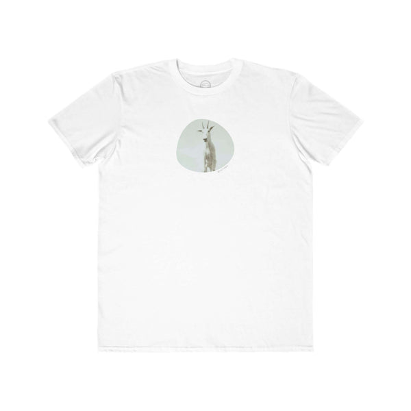 white mens tshirt with vintage photo print of mountain goat and the text goatcha!