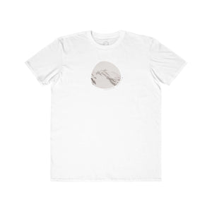 white mens tshirt with vintage photo print of mountain peak and the text more altitude, less attitude