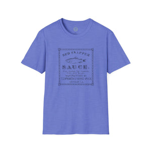 heather blue mens tshirt with vintage graphic logo of red snapper sauce brand