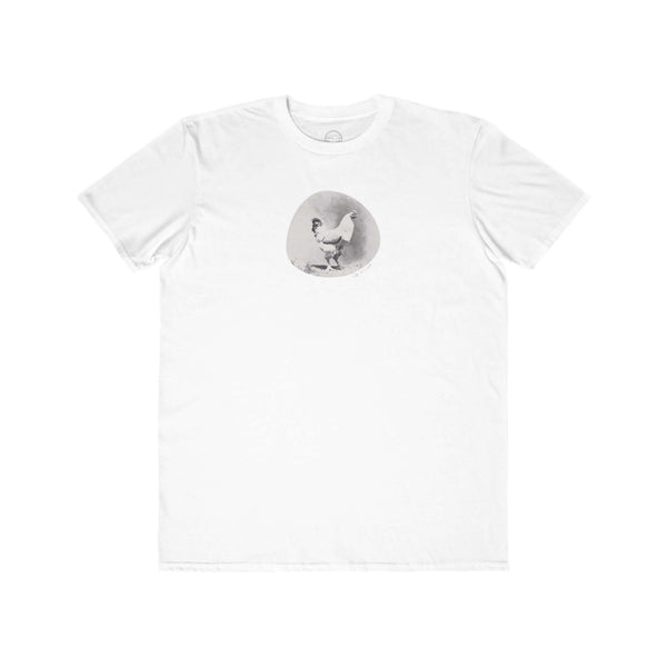 white mens tshirt with vintage photo print of a rooster and the text oh cluck