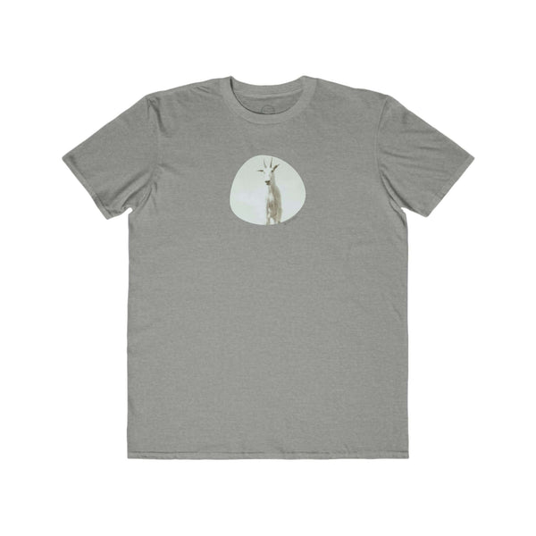 heather grey mens tshirt with vintage photo print of mountain goat and the text goatcha!