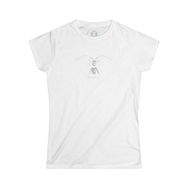 white womens tshirt with vintage graphic logo of bee trademark