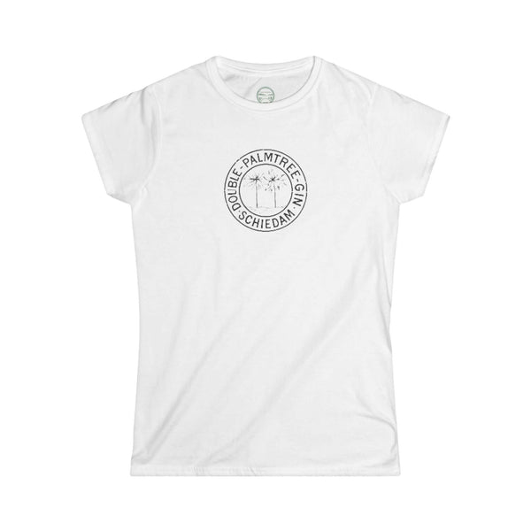 white womens tshirt with vintage graphic logo in circle of palm tree brand gin