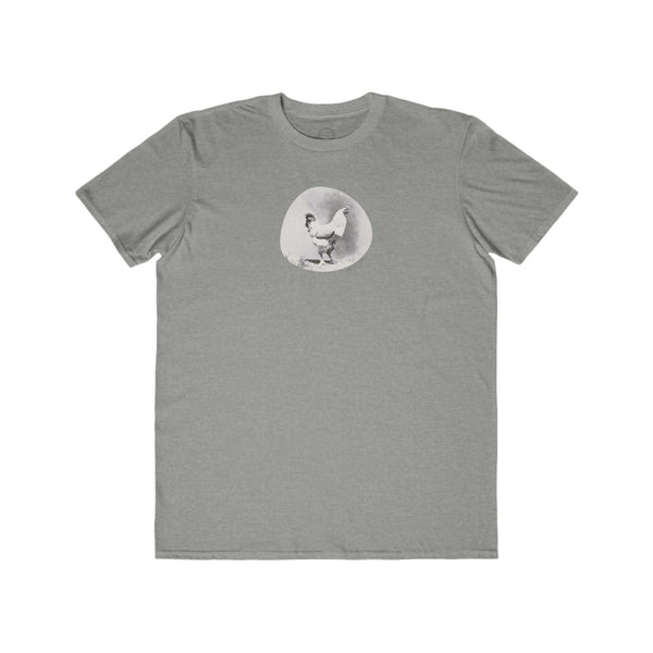 heather grey mens tshirt with vintage photo print of a rooster and the text oh cluck