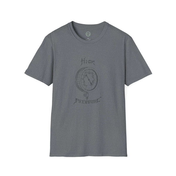 heather graphite mens tshirt with vintage graphic logo of pressure gauge and the text high pressure