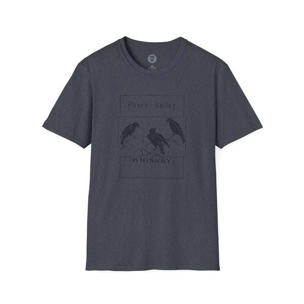 heather indigo mens tshirt with vintage logo print of ravens whiskey brand