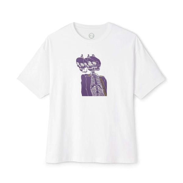 white unisex tshirt with artistic purple skeletons poster print