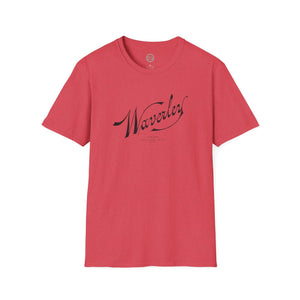 heather red mens tshirt with vintage graphic logo of waverly brand bicycles from indiana