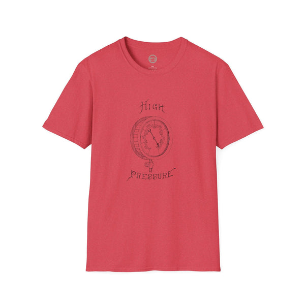 heather red mens tshirt with vintage graphic logo of pressure gauge and the text high pressure