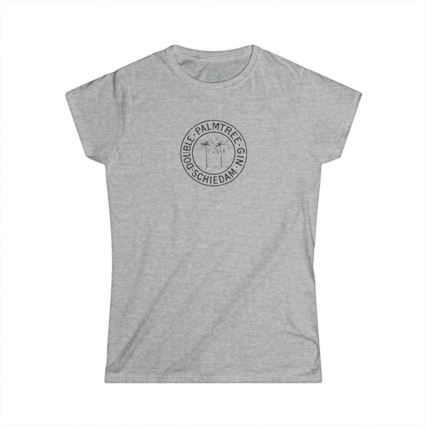 heather grey womens tshirt with vintage graphic logo in circle of palm tree brand gin