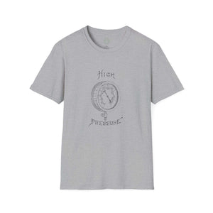 heather grey mens tshirt with vintage graphic logo of pressure gauge and the text high pressure