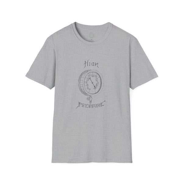 heather grey mens tshirt with vintage graphic logo of pressure gauge and the text high pressure