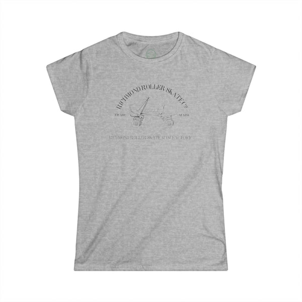 heather grey womens tshirt with vintage graphic logo of roller skate brand