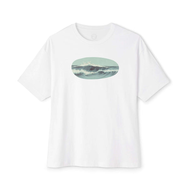 white unisex tshirt with vintage graphic woodblock print of ocean waves in light aquamarine color