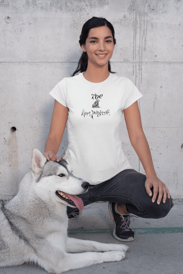 woman with a dog wearing white womens tshirt with vintage graphic logo of dog mascot publishing company and dog logo