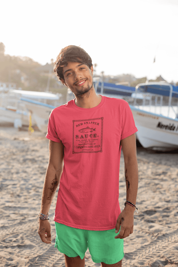 man wearing heather red mens tshirt with vintage graphic logo of red snapper sauce brand
