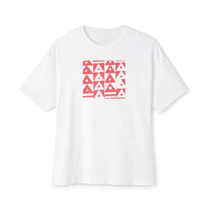 white unisex tshirt with faded red traingles and dots artistic print