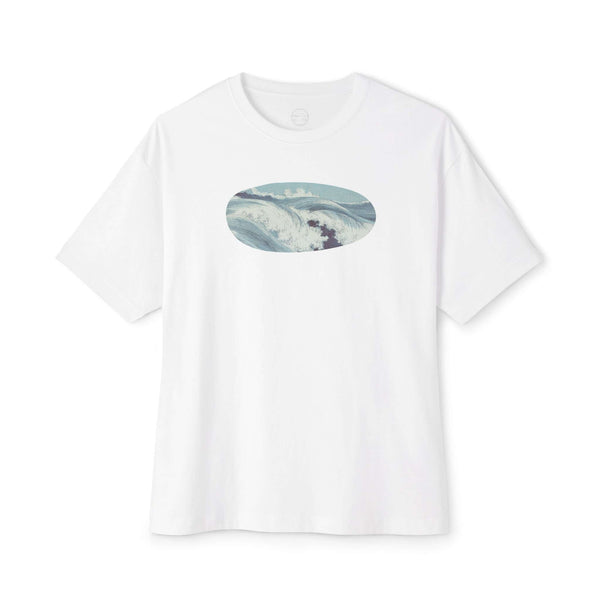 white unisex tshirt with vintage graphic woodblock print of ocean waves in light aquamarine color